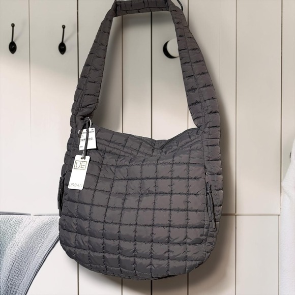 Urban Expressions Handbags - Urban Expressions Quilted Puffer Hobo Bag Charcoal Gray Square Grid Slouchy NEW